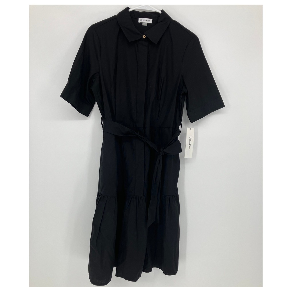 Calvin Klein Women Black Short Sleeve Tiered Belted Shirt Dress Size 10 NEW